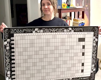 24 x 36" KALENDER VOLLEDIG JAAR 2026 - bloemenillustratie zwart-wit vuurpaard