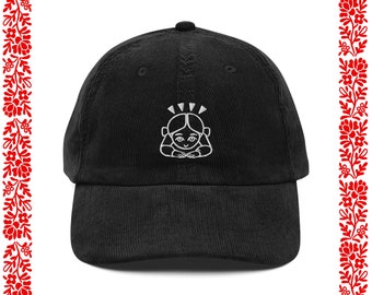 DEVOTEE DAD HAT - zwarte corduroy pet / buigende emoji