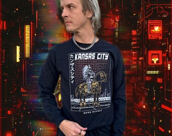 Cyberpunk Kansas City voetbal retro Vaporwave-sweater – kleding voor alternatieve gamedagen
