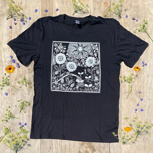 ZINNIA & SEEDLING tshirt - botanical retro art / linocut aesthetic / borage clover sun / cottagecore / unisex short sleeve graphic t shirt