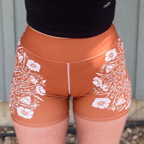 CALIFORNIA POPPY high waisted biker shorts - wildflower floral cycling / botanical pattern / cali state flower / rust orange