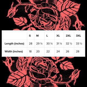May include: Size chart for a garment with measurements in inches. The chart shows the length and width of the garment in inches for sizes S, M, L, XL, 2XL, and 3XL.