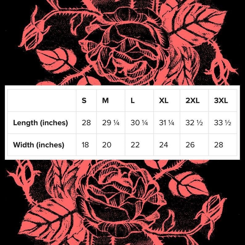 May include: Size chart for a garment with measurements in inches. The chart shows the length and width of the garment in inches for sizes S, M, L, XL, 2XL, and 3XL.