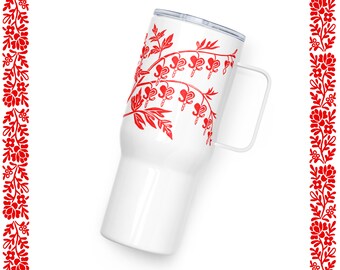 BLEEDING HEART travel mug with handle - floral tumbler / stainless steel