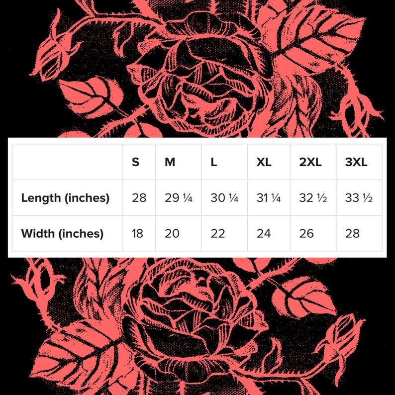 May include: Size chart for a garment with measurements in inches. The chart shows the length and width of the garment in inches for sizes S, M, L, XL, 2XL, and 3XL.