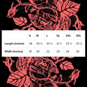 May include: Size chart for a garment with measurements in inches. The chart shows the length and width of the garment in inches for sizes S, M, L, XL, 2XL, and 3XL.