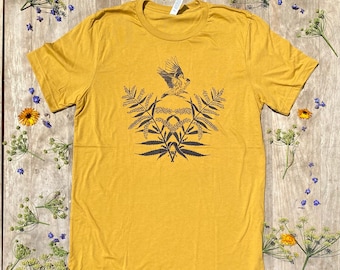 GOLDFINCH & GOLDENROD tshirt - floral art / bird lover gift / nebraska state flower / mustard yellow / unisex short sleeve graphic t shirt