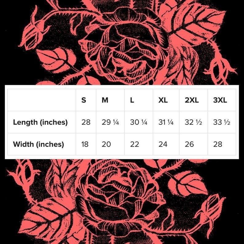 K&ouml;nnte beinhalten: Gr&ouml;&szlig;entabelle f&uuml;r ein Kleidungsst&uuml;ck mit Ma&szlig;en in Zoll. Die Tabelle zeigt die L&auml;nge und Breite des Kleidungsst&uuml;cks in Zoll f&uuml;r die Gr&ouml;&szlig;en S, M, L, XL, 2XL und 3XL.