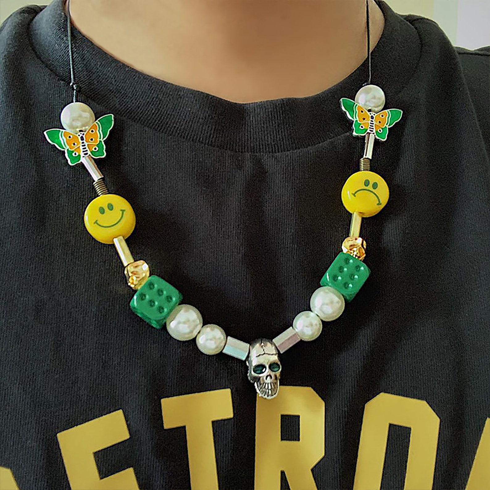 Green Playful Dice Smiley Face Necklace Pearl Necklace Men Etsy