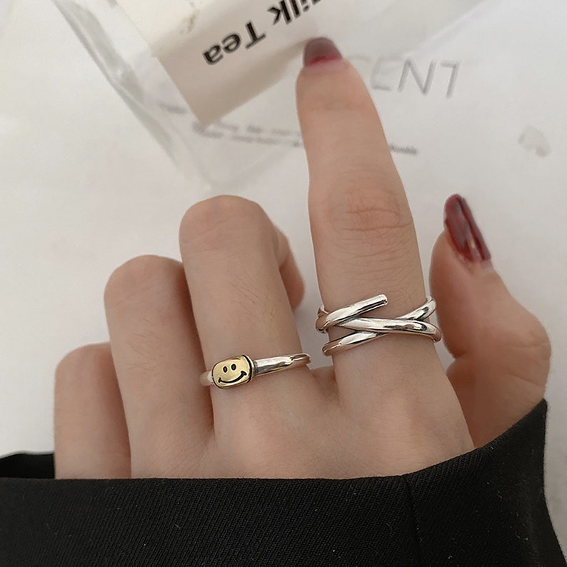 Smile Ring Streetwear Ring Hip Pop Ring Fashion Open Adjustable Ring For Men and Women Lucky Ring Gift For Her. Thin Smiley Face Ring
