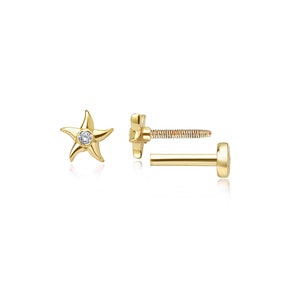 Zeesteroorbellen, diamanten kraakbeenoorbel, 14k massief gouden minimale sterdiamant traguspiercing, 16 g labret platte achterkant helixoorbellen