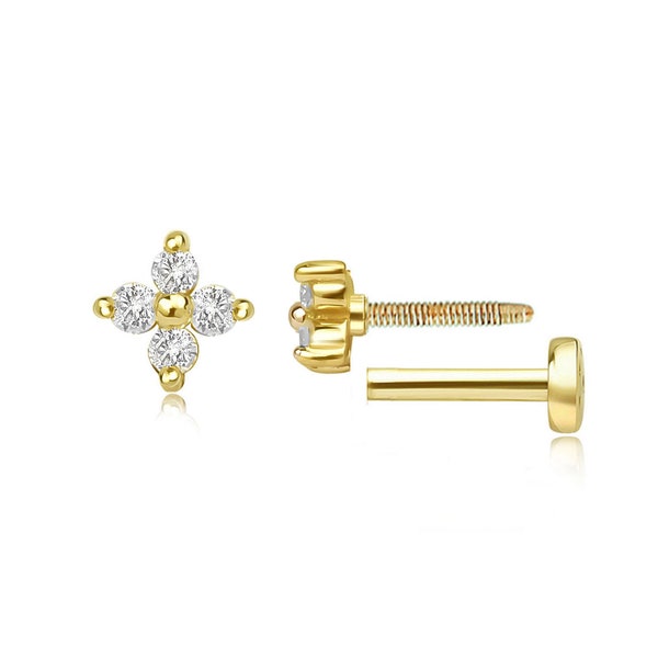 Diamond Tragus Piercing ,16g Labret Flat Back Cartilage Earring,14K Solid Gold,Diamond Minimal Stud Earrings, Forward Helix