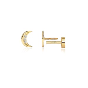 Elegantes pendientes de cartílago tragus con forma de luna de diamantes: delicadas joyas de perforación celestial, oro de 14 k, calibre 16