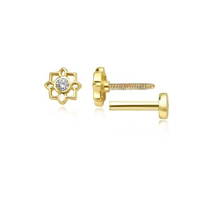 Diamond  Flower Cartilage  Earring,14K Gold  Minimal Flower Diamond Tragus Piercing, 16g Labret Flat Back Studs, Minimal Flower Studs