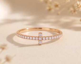 14K Solid Gold Cross Ring Women – Dainty CZ Pave Cross Band - Ring – Faith Jewelry Gift – Minimalist Religious Ring for Her