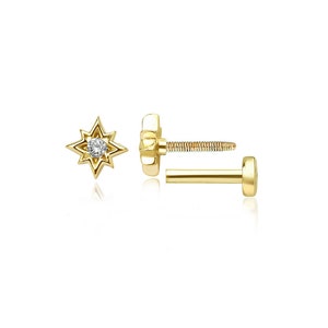Kolczyki Star Tragus Flat Back z diamentami, kolczyki Diamond Star Cartilage, 14k Solid Gold Minimal Tragus, kolczyk Flat Back Stud o grubości 16