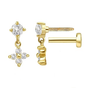 Pendiente colgante para cartílago de oro macizo de 14 k: perforación en el trago con circonita cúbica • Perno prisionero plano para la hélice • Perforación minimalista • Regalo para ella