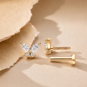 14K Gold Butterfly Helix Piercing • Marquise Stone Cartilage Earring • Minimal Dainty Gold Piercing