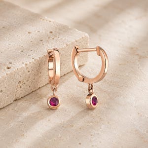 14K Solid Gold Ruby Dangle Earrings, Lab Created Ruby Huggie Hoops, Red Stone Minimalist Earrings, July Birthstone Jewelry, Birthday Gift