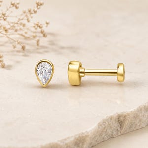 14K Solid Gold Teardrop Tragus Piercing, Pear Cut Stud, 16G Flat Back Labret, Dainty Cartilage Earring, Minimalist Jewelry Gift for Her