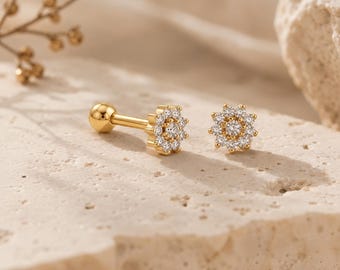 14k Solid Gold Flower Cartilage Earring, Dainty Diamond Style Stud Piercing, Cute Floral Helix Jewelry, Tiny Rose Gold Conch Earring