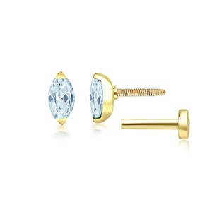 Marquise Cartilage Earring,14k Gold Minimal Marquise Cut Tragus Piercing, 16g Labret Flat Back Studs, Helix Earrings