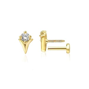 Diamond Tragus Piercing, 14k Solid Gold  Minimal Tragus Piercing ,16g Labret Flat Back Cartilage Earring ,Helix Piercing ,Forward Piercing