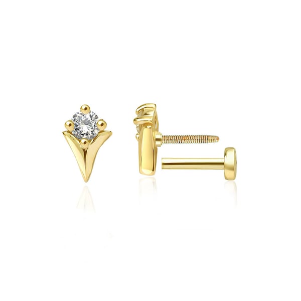 Diamond Tragus Piercing, 14k Solid Gold  Minimal Tragus Piercing ,16g Labret Flat Back Cartilage Earring ,Helix Piercing ,Forward Piercing