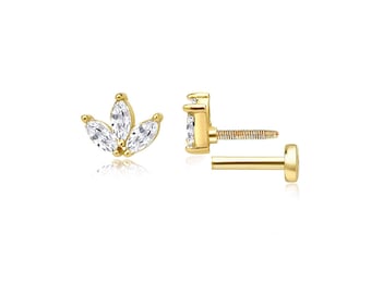 Pendiente de cartílago de diamantes marquesa, perforación de hélice de diamante de flor mínima de oro de 14K, pendiente de cartílago de espalda plana labret de 16 g, perforación de tragus