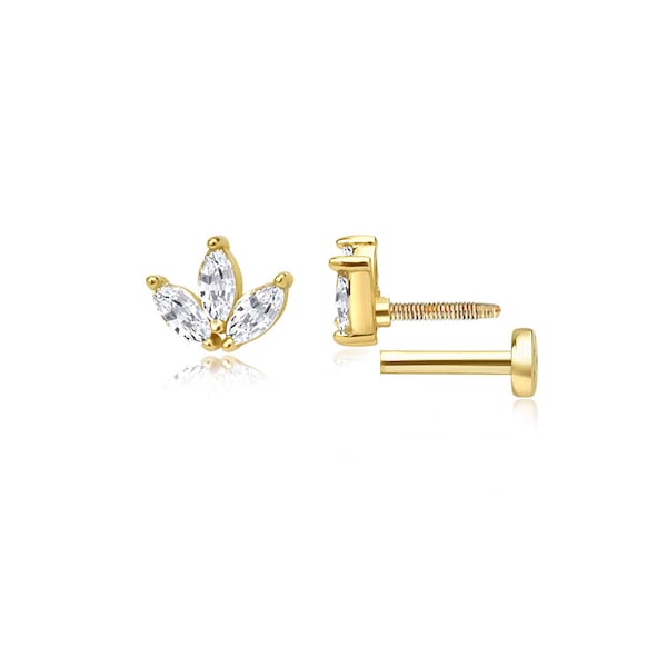 Marquise Diamond Cartilage Earring, 14K Gold Minimal Flower Diamond Helix Piercing,16g Labret Flat Back Cartilage Earring, Tragus  Piercing