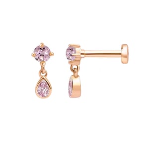 Pink Sapphire  Dangle Cartilage Earring,14k Solid Gold Minimal Drop Cut Pink Sapphire  Tragus Piercing, 16g Labret Flat Back