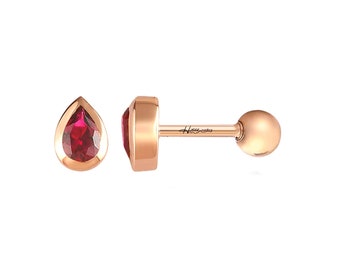 Drop Ruby Cartilage Earrings, 14K Solid Gold Drop Stud Earring , Genuine Red Ruby Gemstone Stud Earrings , 16g Labret Screw Back Earring