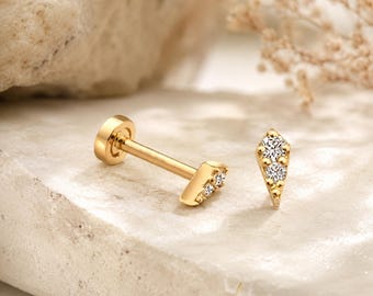 14k Solid Gold Triangle Cartilage Earring, Minimalist Geometric Stud, Tiny Triangle Helix Piercing, Dainty Gold Tragus Earring, Gift for Her