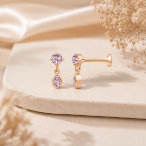 14K Solid Gold Pink, Morganit, Aquamarin Dangle Piercing, 16G Flat Back Cartilage Earring, Tragus Helix Stud, Dainty Tear Drop Earring