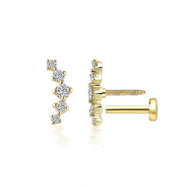 Piercing hélice en grappe de diamants, boucle d'oreille cartilage arrière plat labret 16 g, piercing diamant, clous d'oreilles diamants, boucle d'oreille cartilage conque