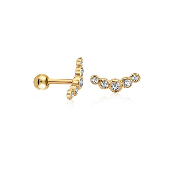 Helix Diamond Cartilage Earrings, 14k Solid Gold Cluster Stud Earrings,16 gauge Screw Back Stud Earrings,Conch Piercing Stud