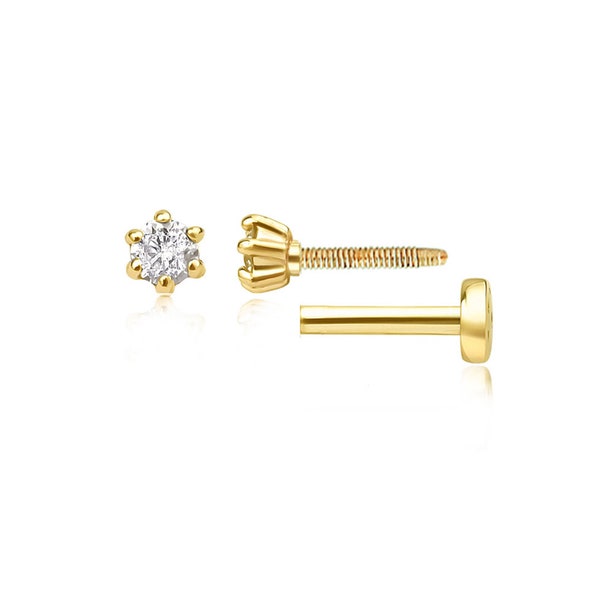 14K Solid  Gold Minimal Solitaire Diamond Tragus Piercing,Solitaire Cartilage  Earring, 16g Labret Flat Back Cartilage Earring,Forward Helix