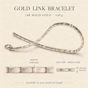 Pu&ograve; includere: Un bracciale a maglie in oro massiccio 14 carati dal peso di 3,60 g. Il design presenta maglie rettangolari con una larghezza di 2,60 mm e uno spessore di 1,30 mm. Il testo GOLD LINK BRACELET, 14K SOLID GOLD, 3,60 g, WIDTH 2,60 mm e 1,30 mm THICKNESS &egrave; visibile.