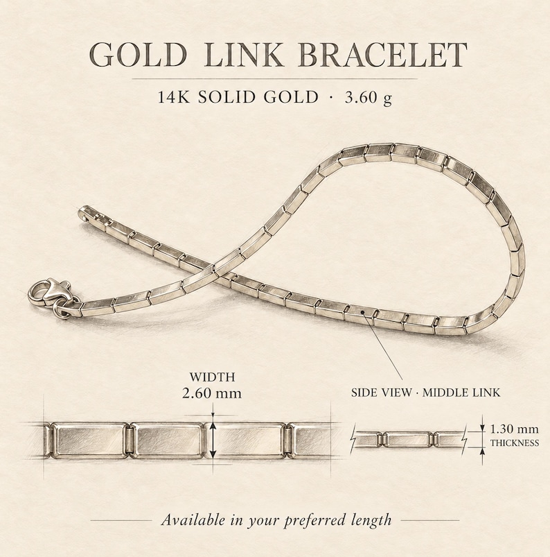 Pu&ograve; includere: Un bracciale a maglie in oro massiccio 14 carati dal peso di 3,60 g. Il design presenta maglie rettangolari con una larghezza di 2,60 mm e uno spessore di 1,30 mm. Il testo GOLD LINK BRACELET, 14K SOLID GOLD, 3,60 g, WIDTH 2,60 mm e 1,30 mm THICKNESS &egrave; visibile.