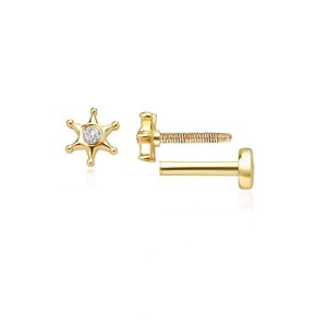 Sheriff Star diamanten kraakbeenoorbel, 14k massief gouden minimale ster diamant tragus piercing, 16 g labret platte achterkant oorbel