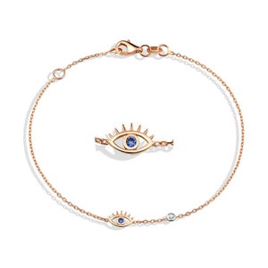 Evil Eye Diamond Bracelet in 14k Gold, Gold Designer Charm Bracelet, Good Luck Charm, Dainty Daimond Bracelet