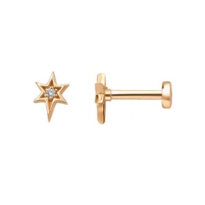 Brinco de cartilagem com diamante celestial North Star, piercing tragus de diamante minimalista em ouro maciço 14k, brinco de cartilagem labret de 16 g com parte traseira plana