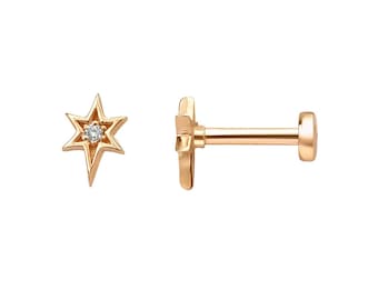 14k Solid Gold Diamond North Star Cartilage Earring: 16g  Flat Back Tragus Piercing ,Everyday Gold Gift for Her