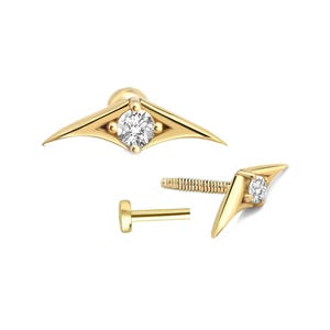 Orecchino a perno con elica in oro 14 carati e zirconi cubici • Piercing al trago con parte posteriore piatta • Delicato gioiello per cartilagine • Regalo di orecchini in oro minimal per lei