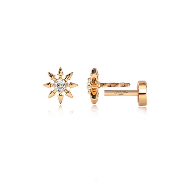 Star Tragus Earrings with Diamonds ,14k Solid Gold  Minimal Star Diamond Cartilage Earring ,16g Labret Flat Back Studs