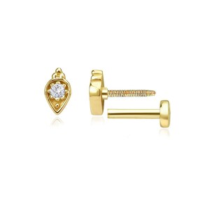 Orecchino per cartilagine labret piatto da 16 g, piercing all'elica, orecchino per cartilagine, piercing al trago con diamanti minimal in oro massiccio 14 k