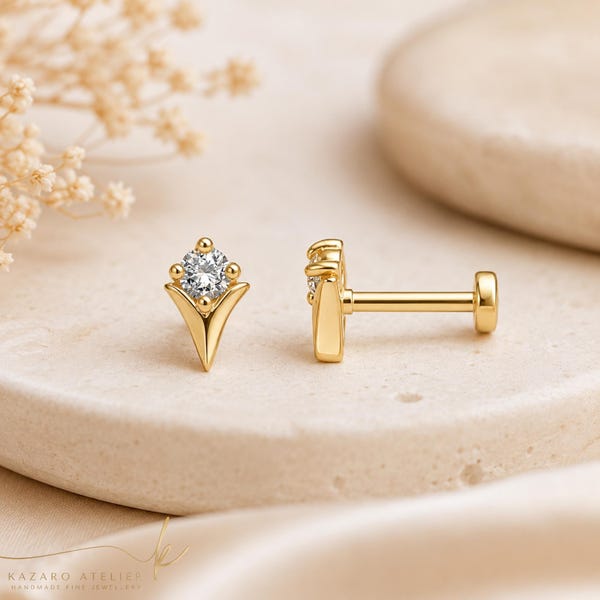 14K Solid Gold Marquise Cluster Piercing, Flat Back Cartilage Earring, 16G Marquise Stud, Helix Conch Tragus Jewelry, Gift for Her