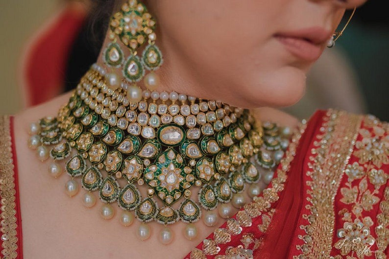 Emerald green meenakari necklace set bridal gold plated Sabyasachi inspired jewelry set with earrings