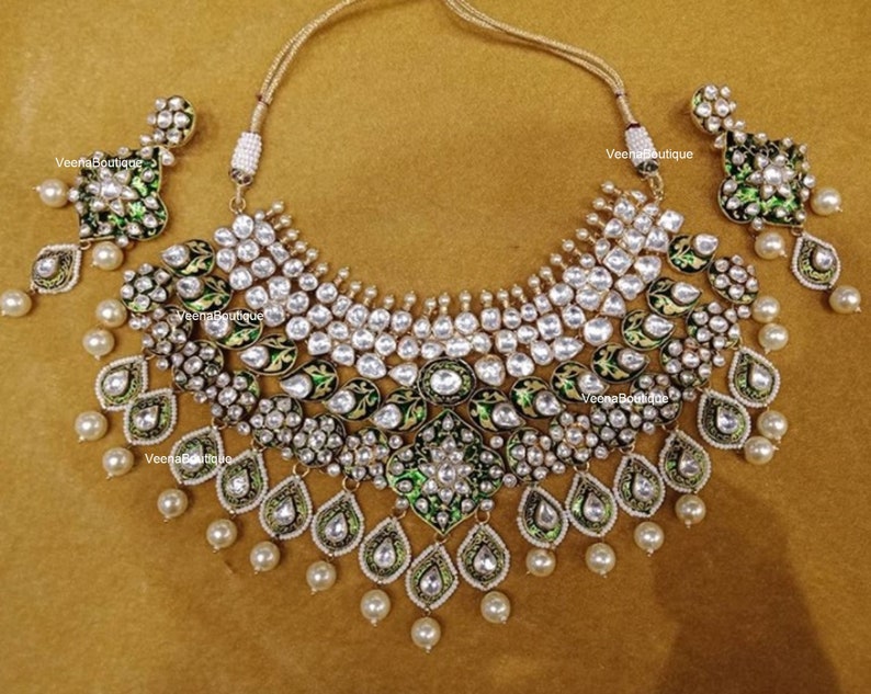 Emerald green Kundan necklace bridal / Polki Kundan necklace / Indian bridal wedding necklace set