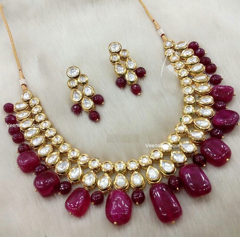 Kundan set Kundan necklace set Vilandi Kundan set Simple Kundan set with ruby tumble drops Indian wedding set Kundan jewellery set